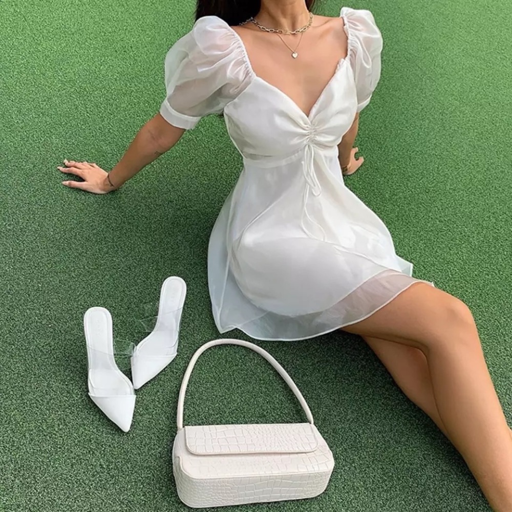 Korean Satin Layered Mini White Dress - Picture 5 of 13